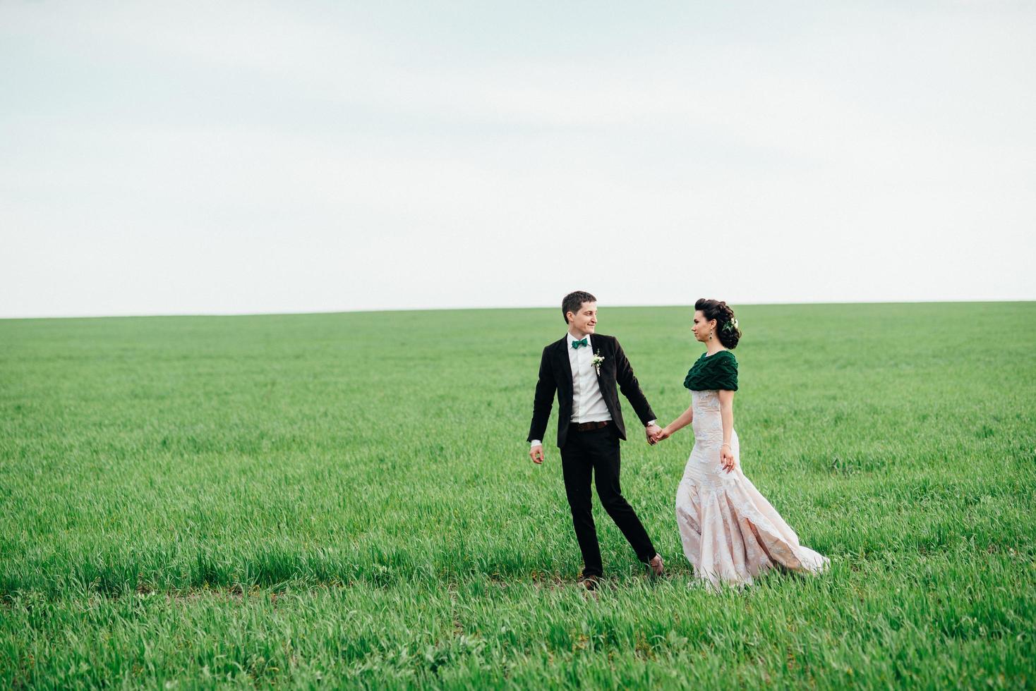 o noivo em um terno marrom e a noiva em um vestido cor de marfim em um campo verde foto