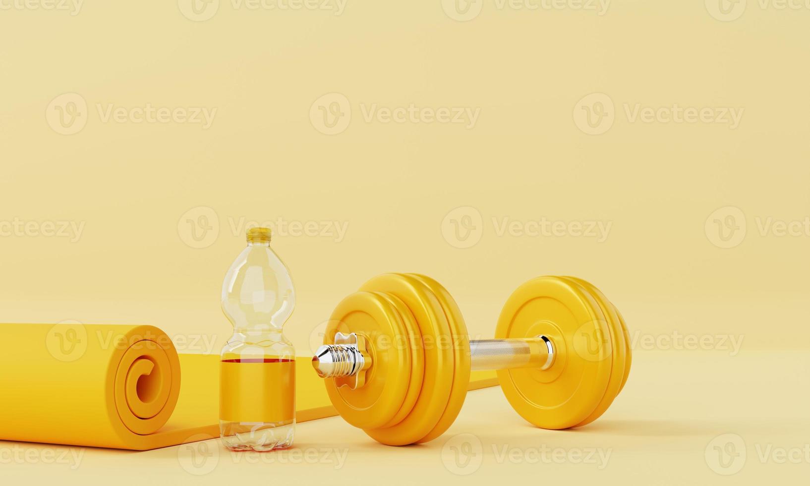 fitness esporte definido com tapete de ioga, garrafa de água potável e halteres em fundo amarelo pastel. conceito de fitness e esporte. monocolor. Renderização de ilustração 3D foto