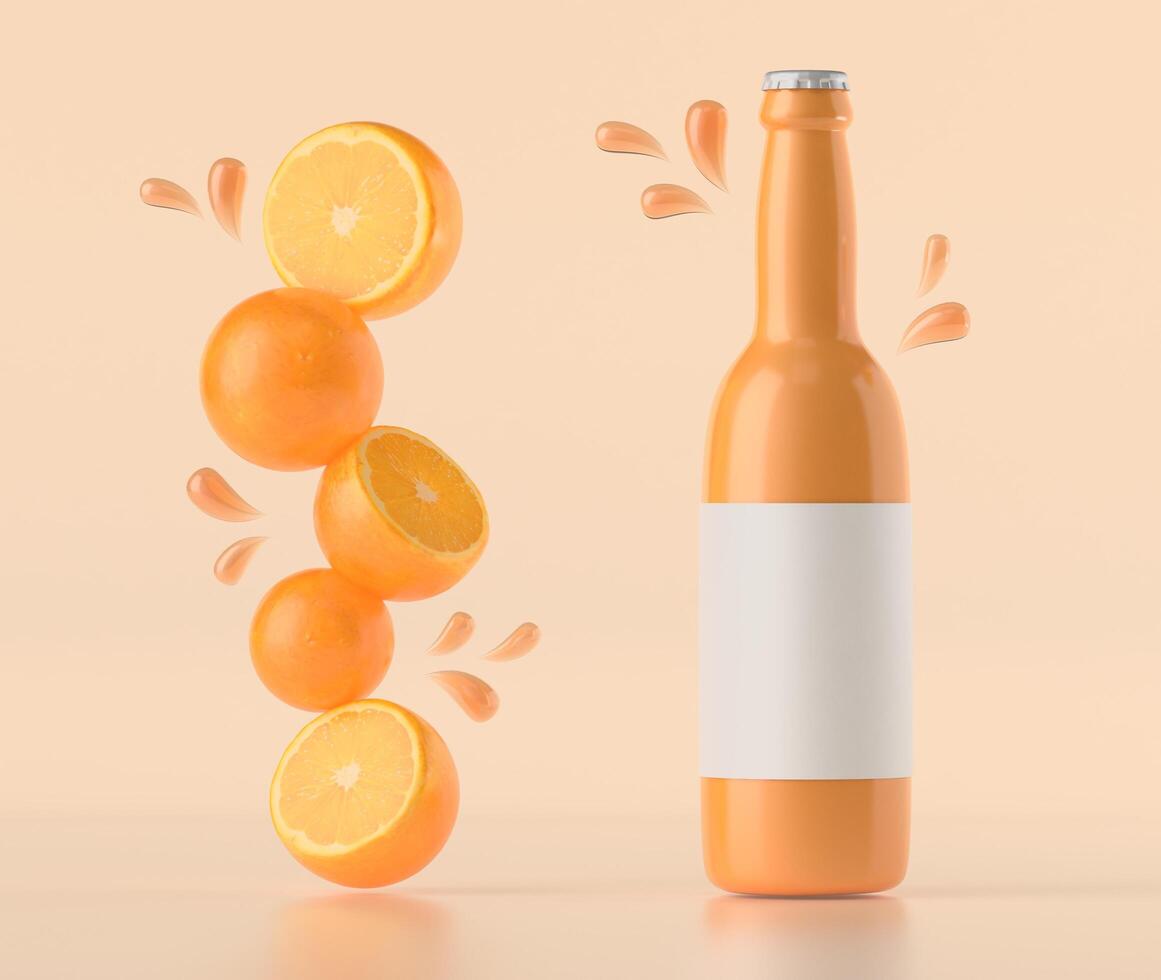 uma garrafa usada para embalar suco de laranja com laranjas. foto