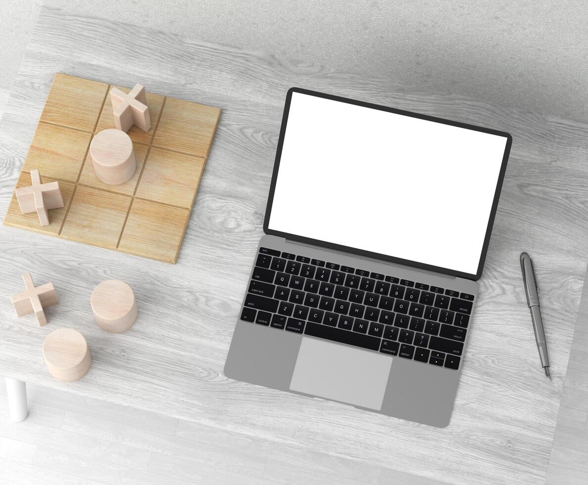 sala de escritório com laptop sobre a mesa, estilo 3d. foto