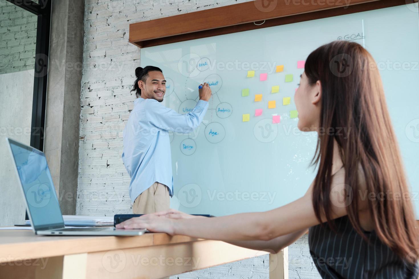 dois colegas e colegas de trabalho de etnia asiática brainstorm e projeto de finanças de reunião discutem com o plano de negócios na sala de conferências com papel de notas adesivas coloridas na lousa no escritório. foto