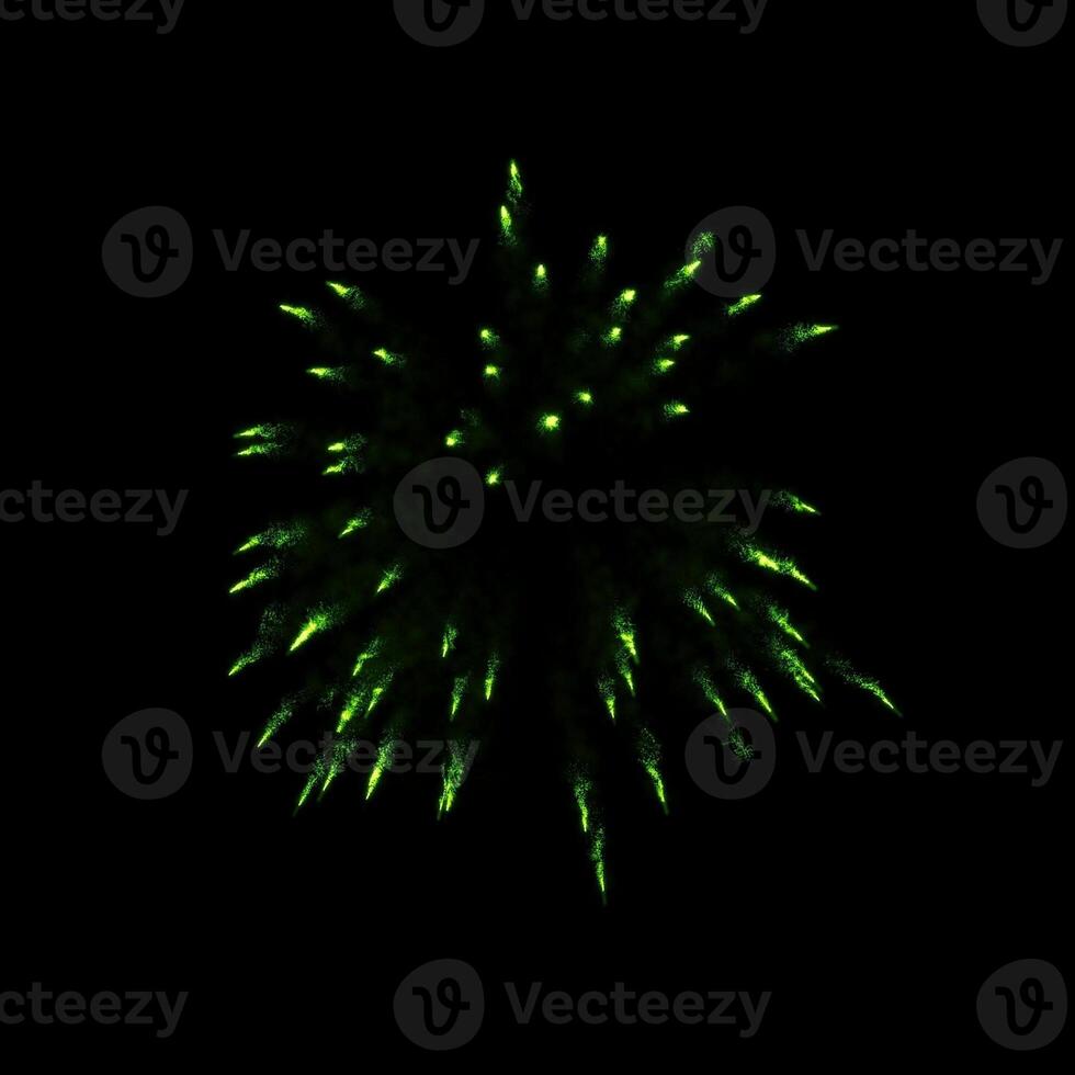 fogos de artifício verdes explodem no ar iluminam o céu com uma exibição deslumbrante e festivais de fogos de artifício coloridos no preto. foto