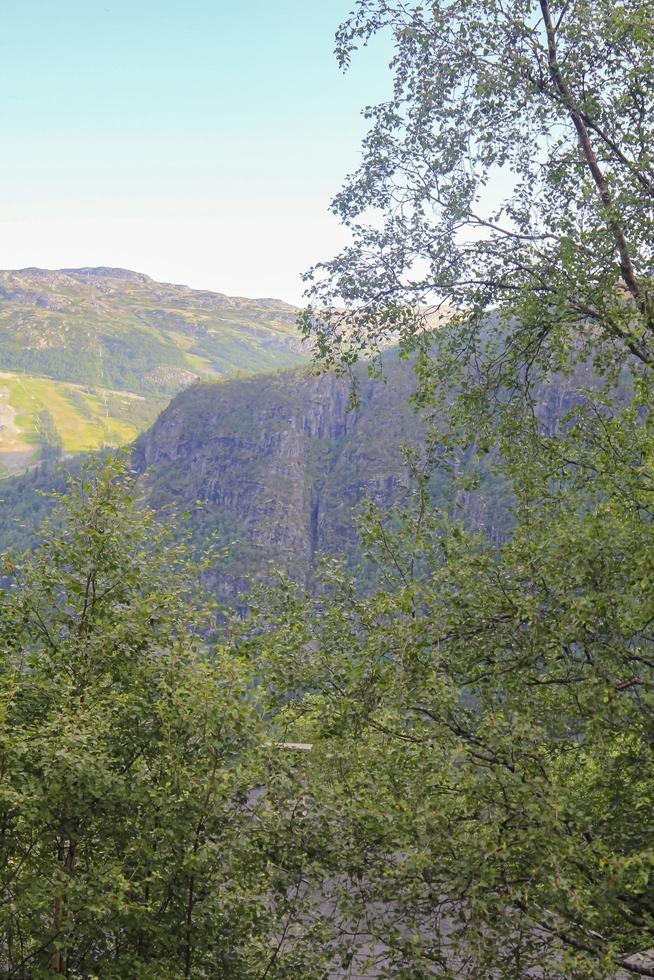 paisagem norueguesa com árvores abetos, montanhas e rochas. natureza da Noruega. foto