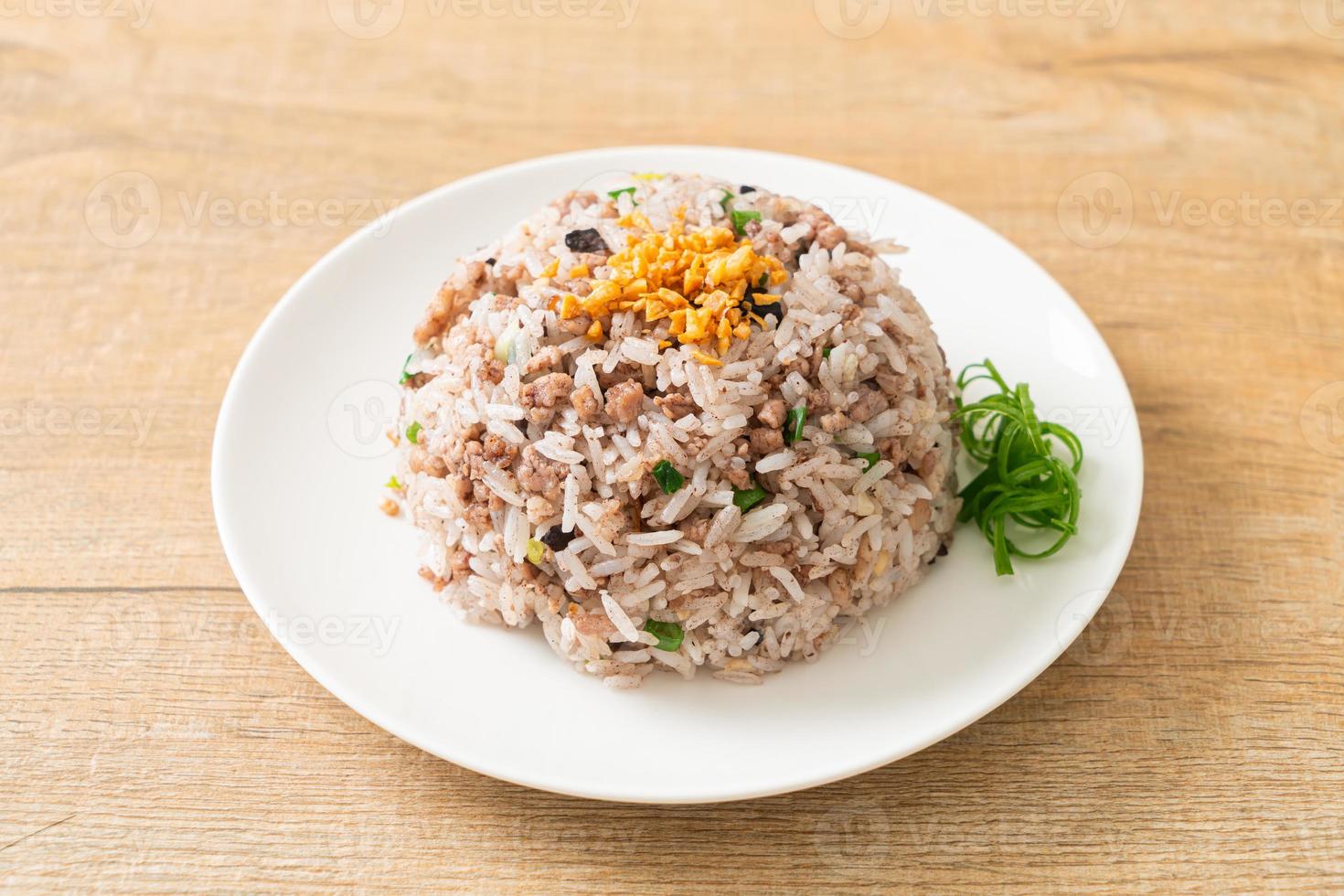 Azeitona preta chinesa salgada arroz frito com carne de porco picada foto