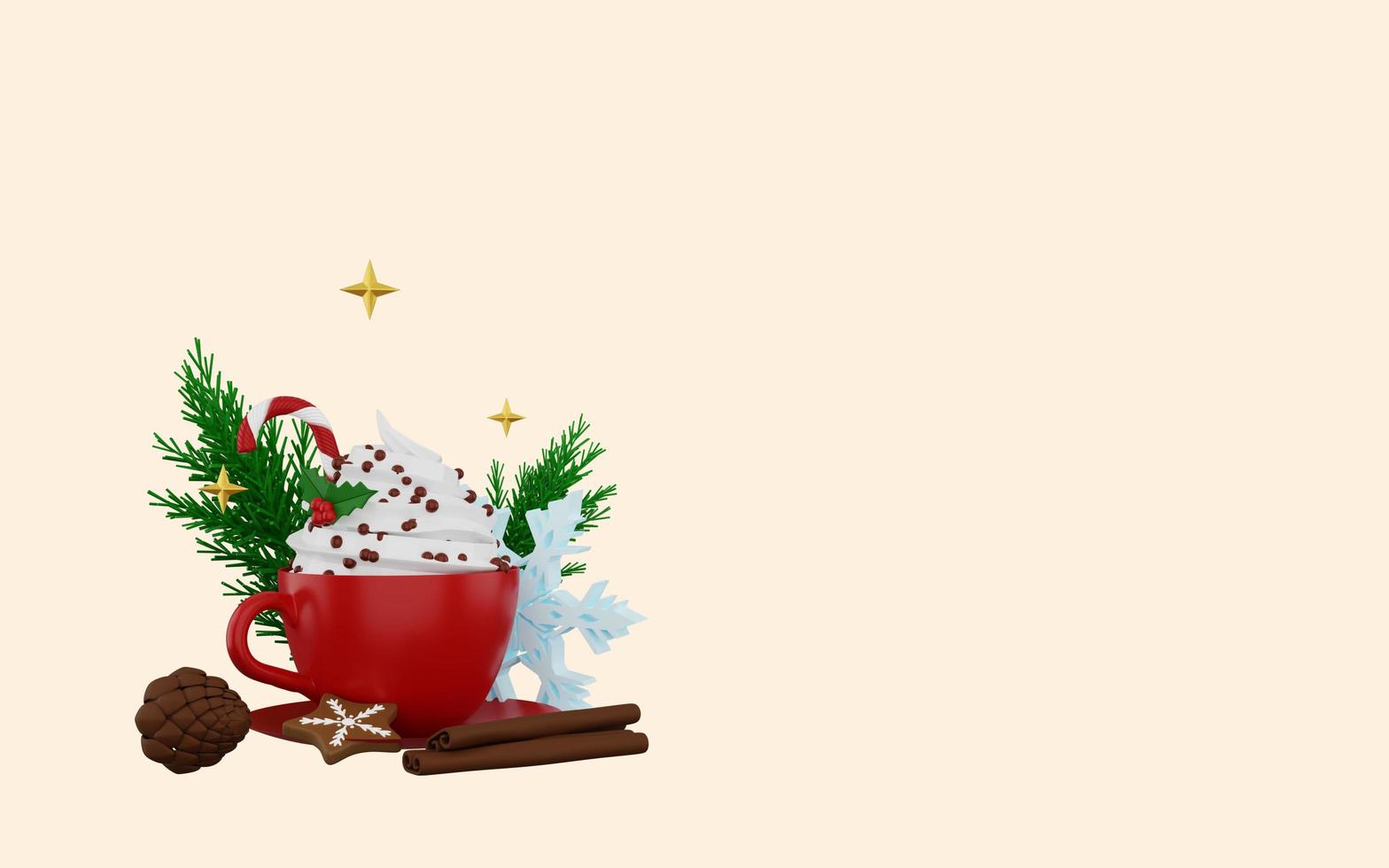 xícara vermelha de chocolate quente com creme, pau de canela, biscoitos e enfeites de natal foto