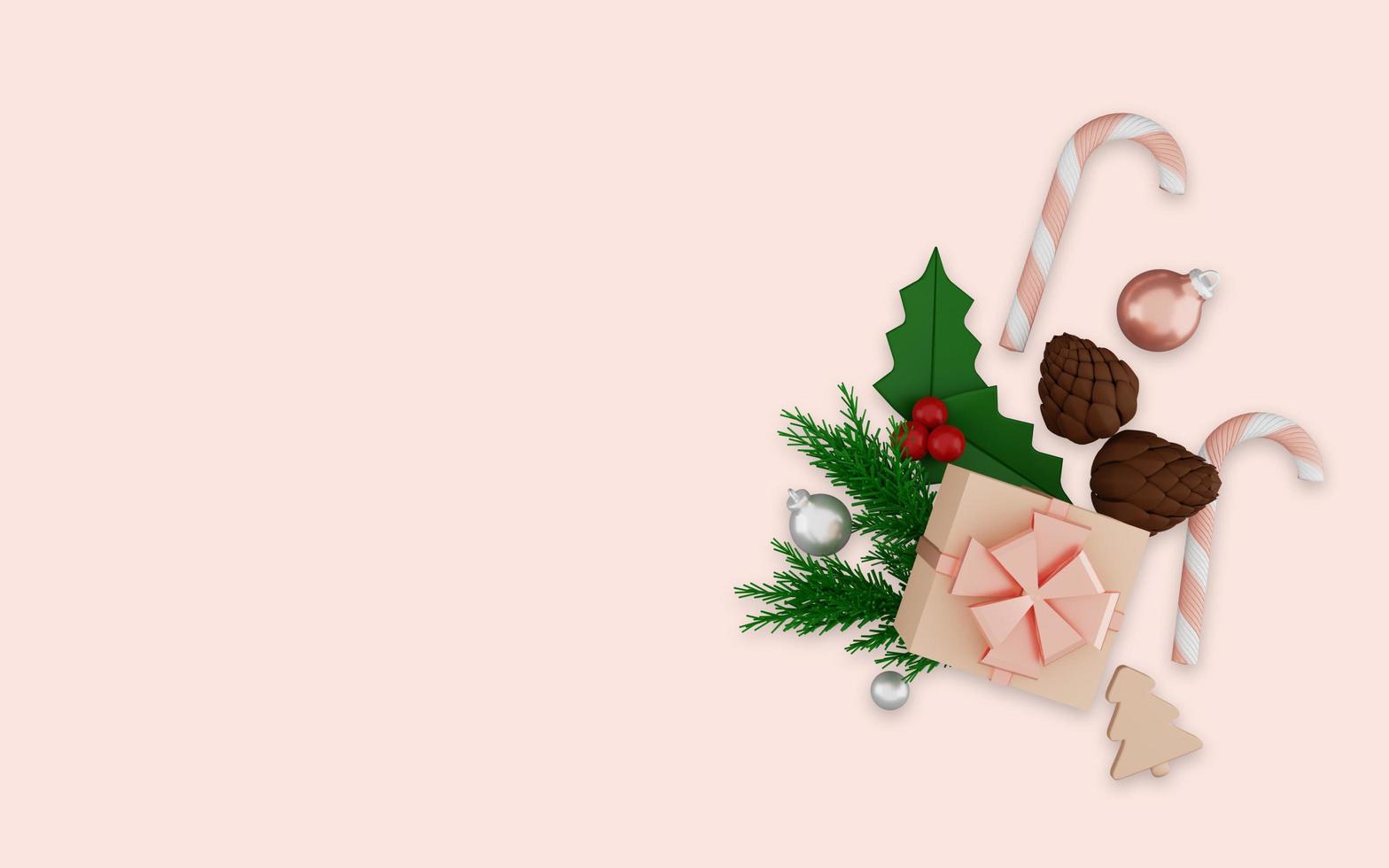 Renderização 3D de enfeites de Natal feliz em fundo rosa foto