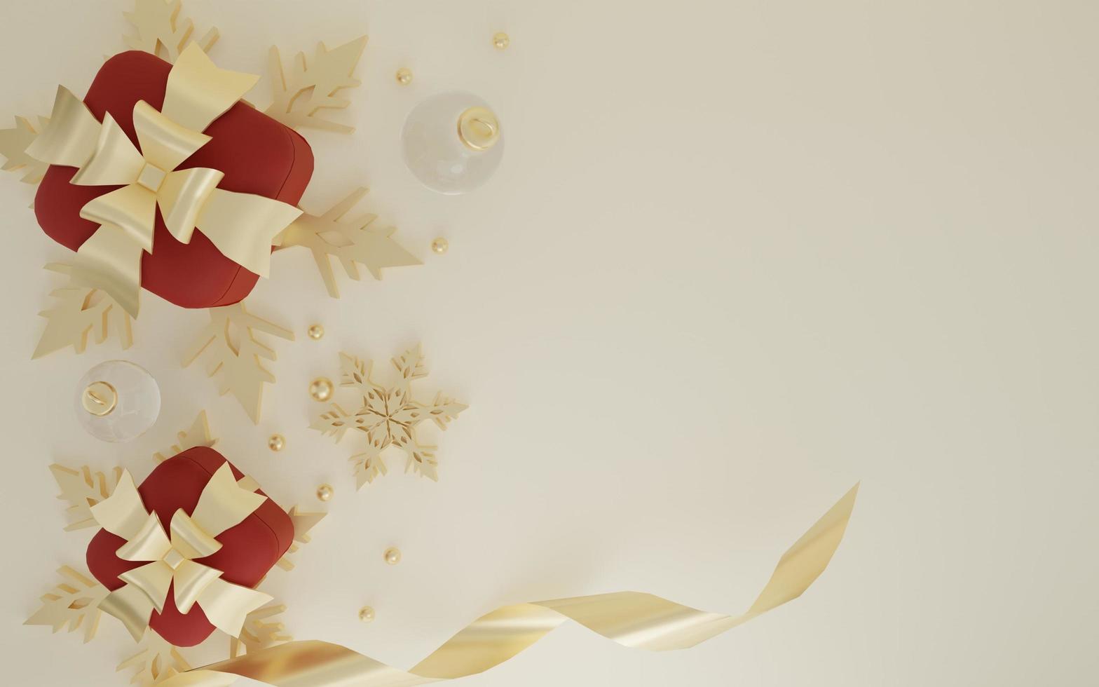 Renderização 3D de ouro e vermelho feliz natal com caixa de presente e enfeite foto