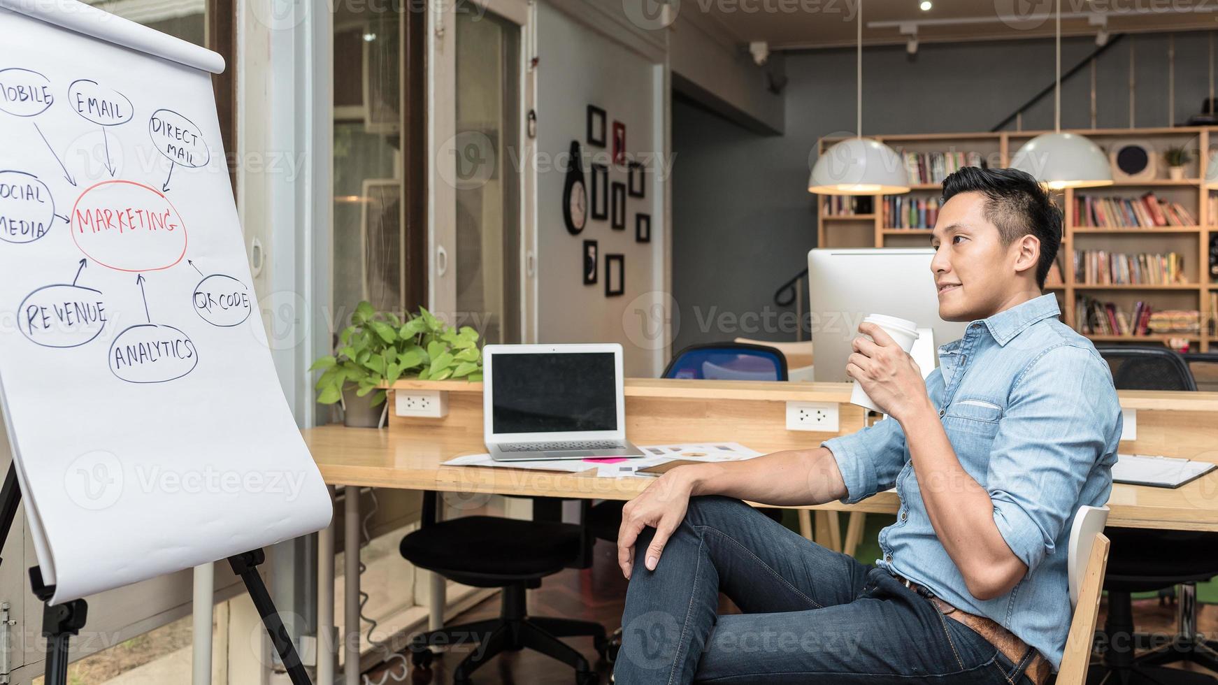 empresário asiático, olhando para o plano de marketing em papel branco em casa office.conceptual para o empreendedor de pequenas empresas de inicialização e freelance. foto