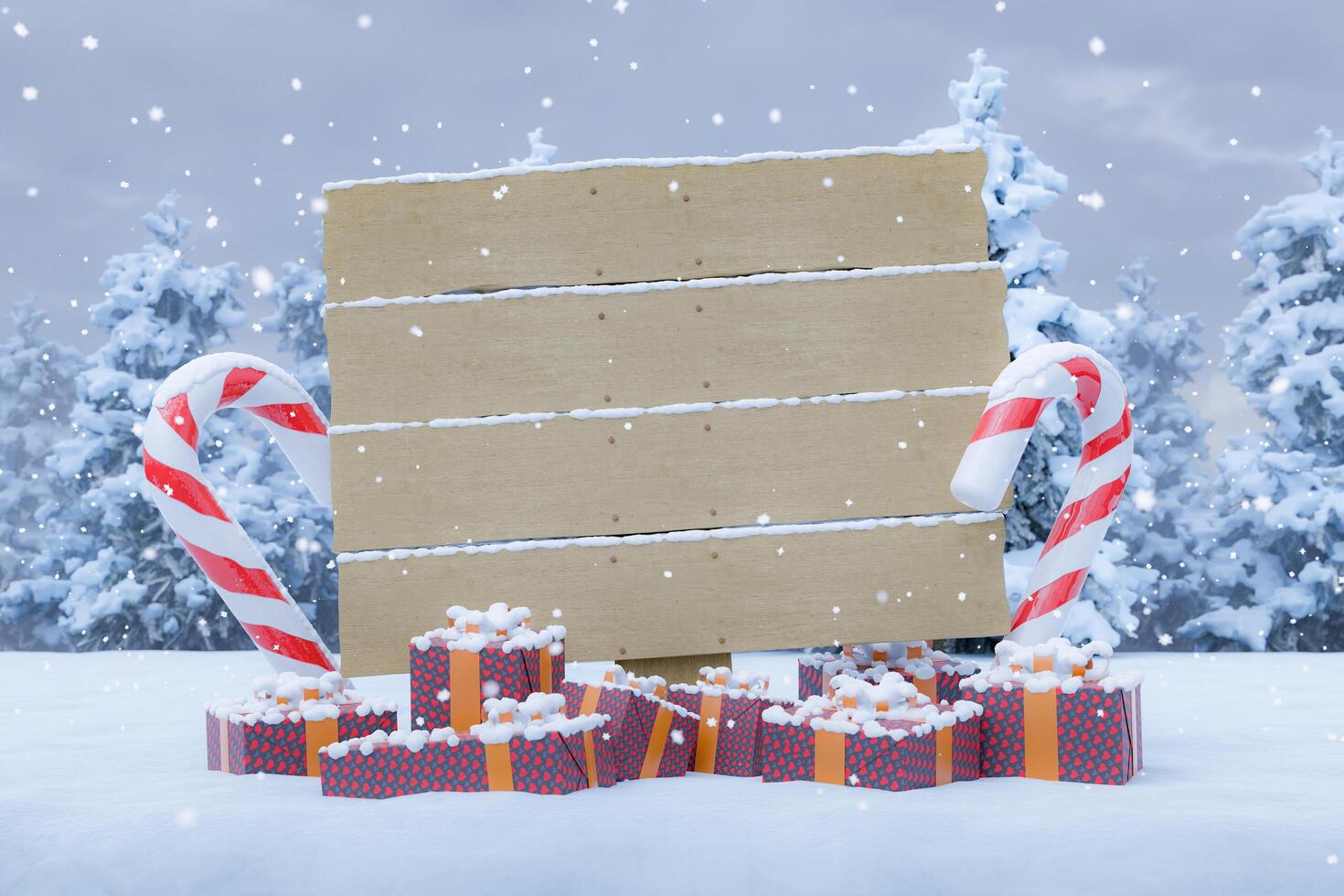 placa de madeira sobre uma paisagem de neve com presentes de natal foto