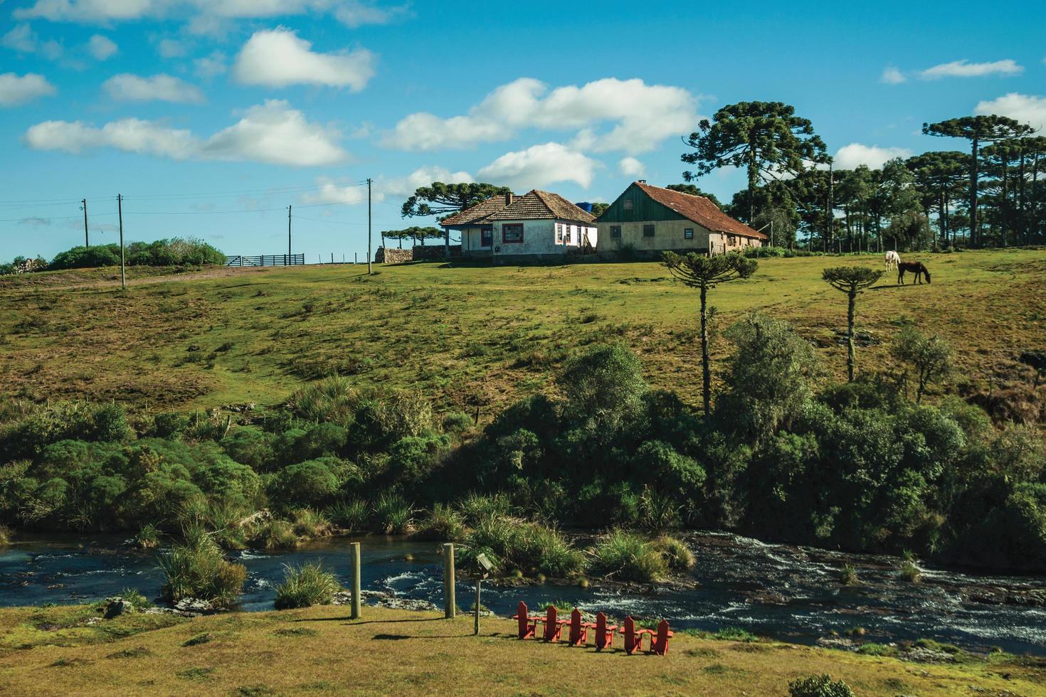 cambara do sul, brasil - 18 de julho de 2019. casa no topo de uma colina com arvoredo verde e um riacho na baixada chamado pampas próximo a cambara do sul. foto