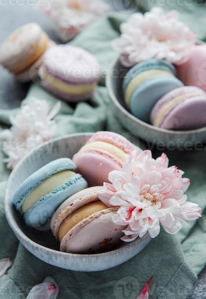 lindos macaroons saborosos coloridos em um fundo de concreto foto