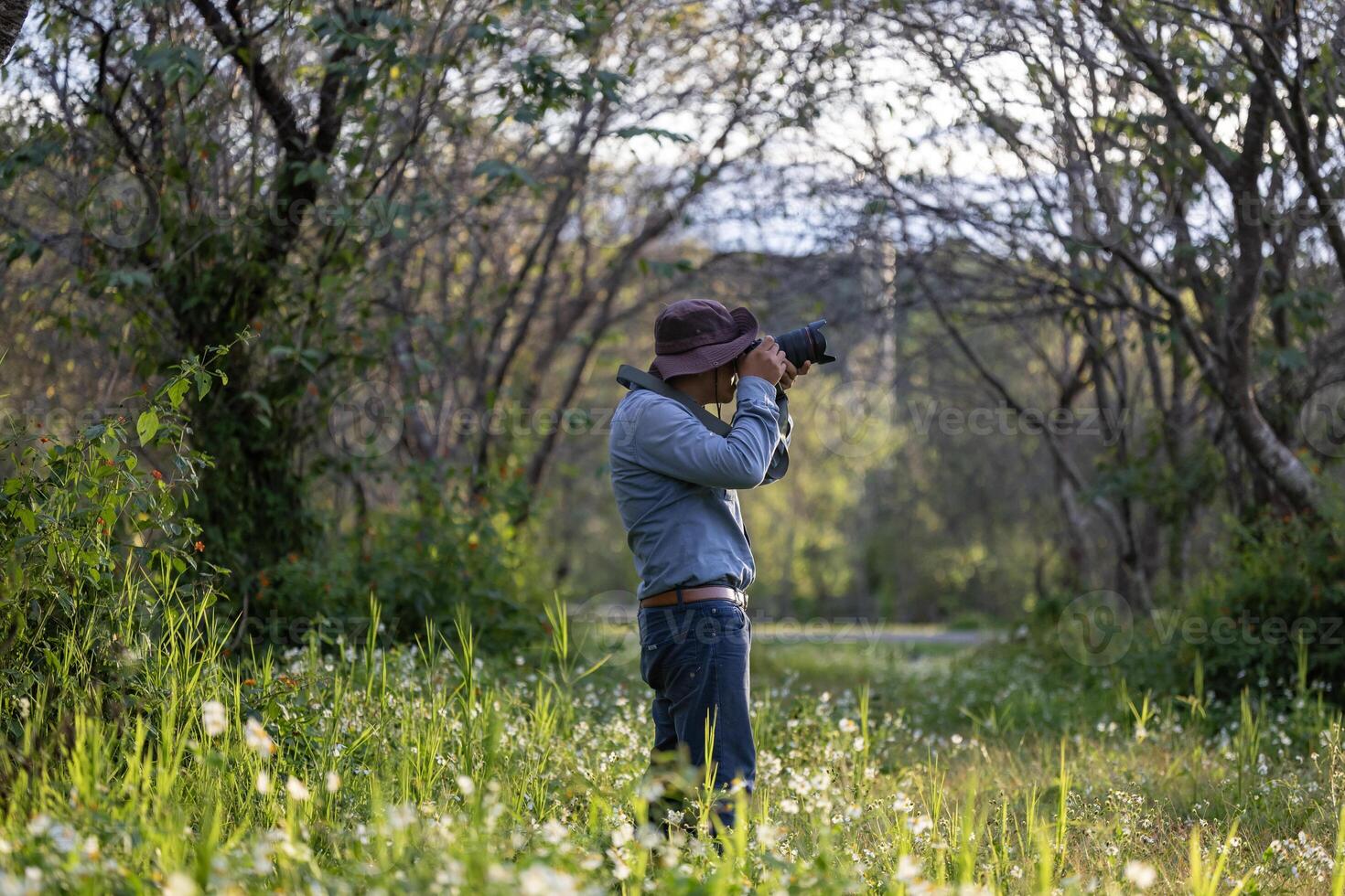 fotógrafo é levando foto enquanto explorando dentro bosque floresta com selvagem flor Prado para levantamento e localizando raro biológico diversidade e ecologista em campo estude