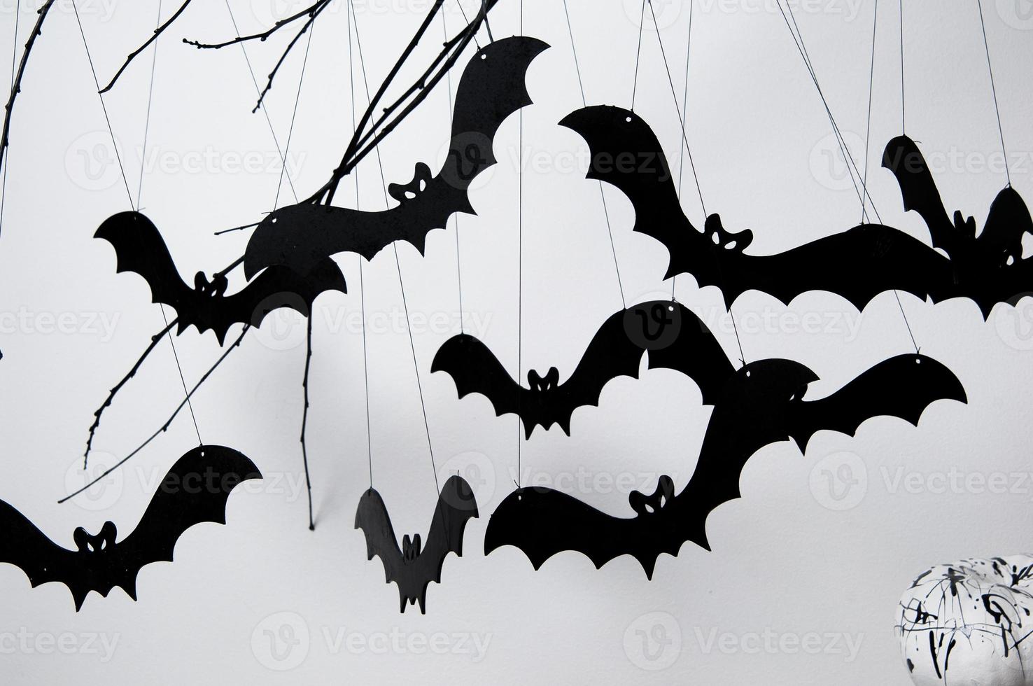 halloween com morcegos pretos e uma abóbora em um fundo branco foto