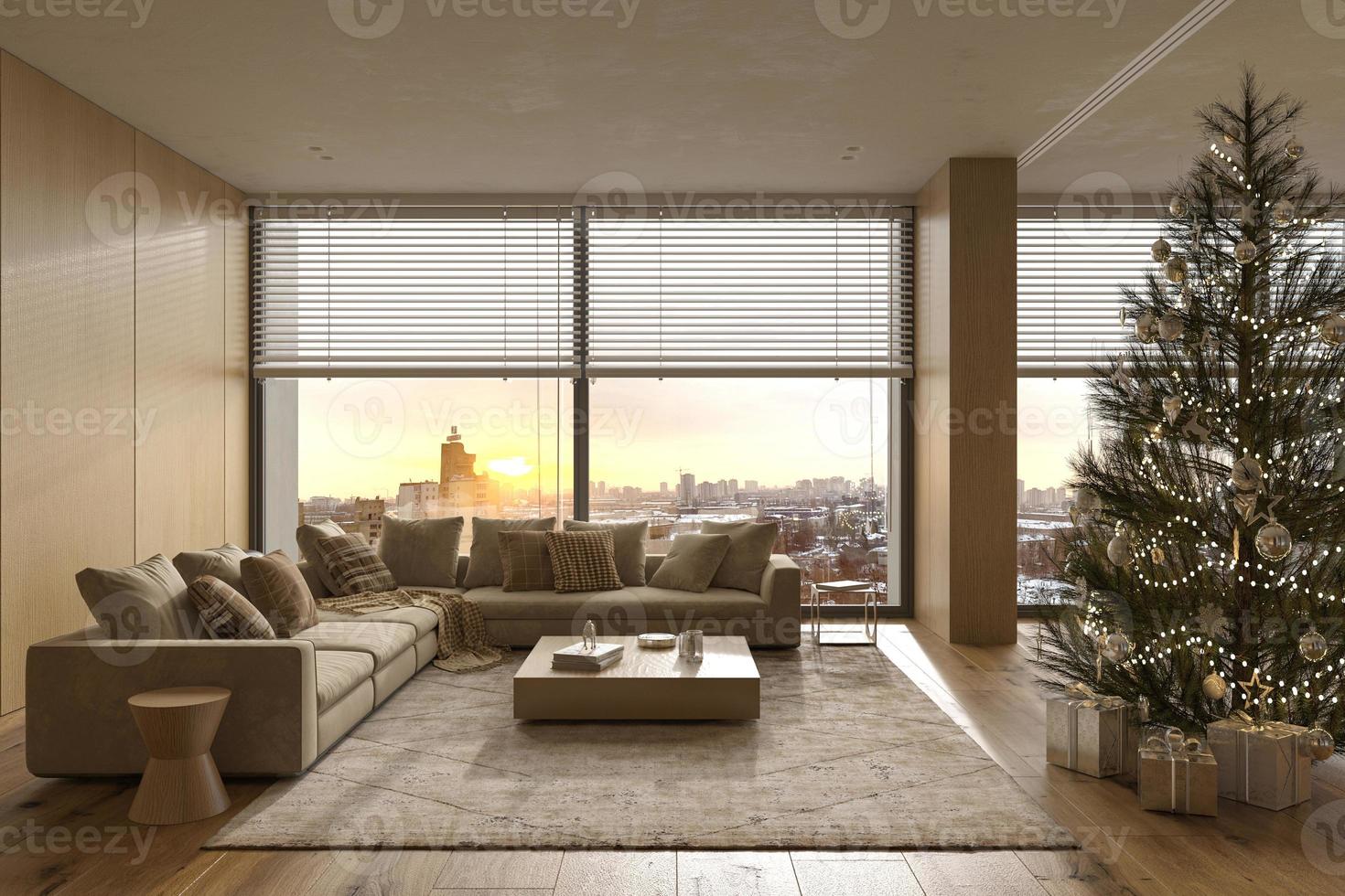 a árvore de natal com brinquedos e presentes decoram o design de interiores moderno. 3D rendem a ilustração da sala de estar com janelas e vista da neve do inverno, pôr do sol. foto