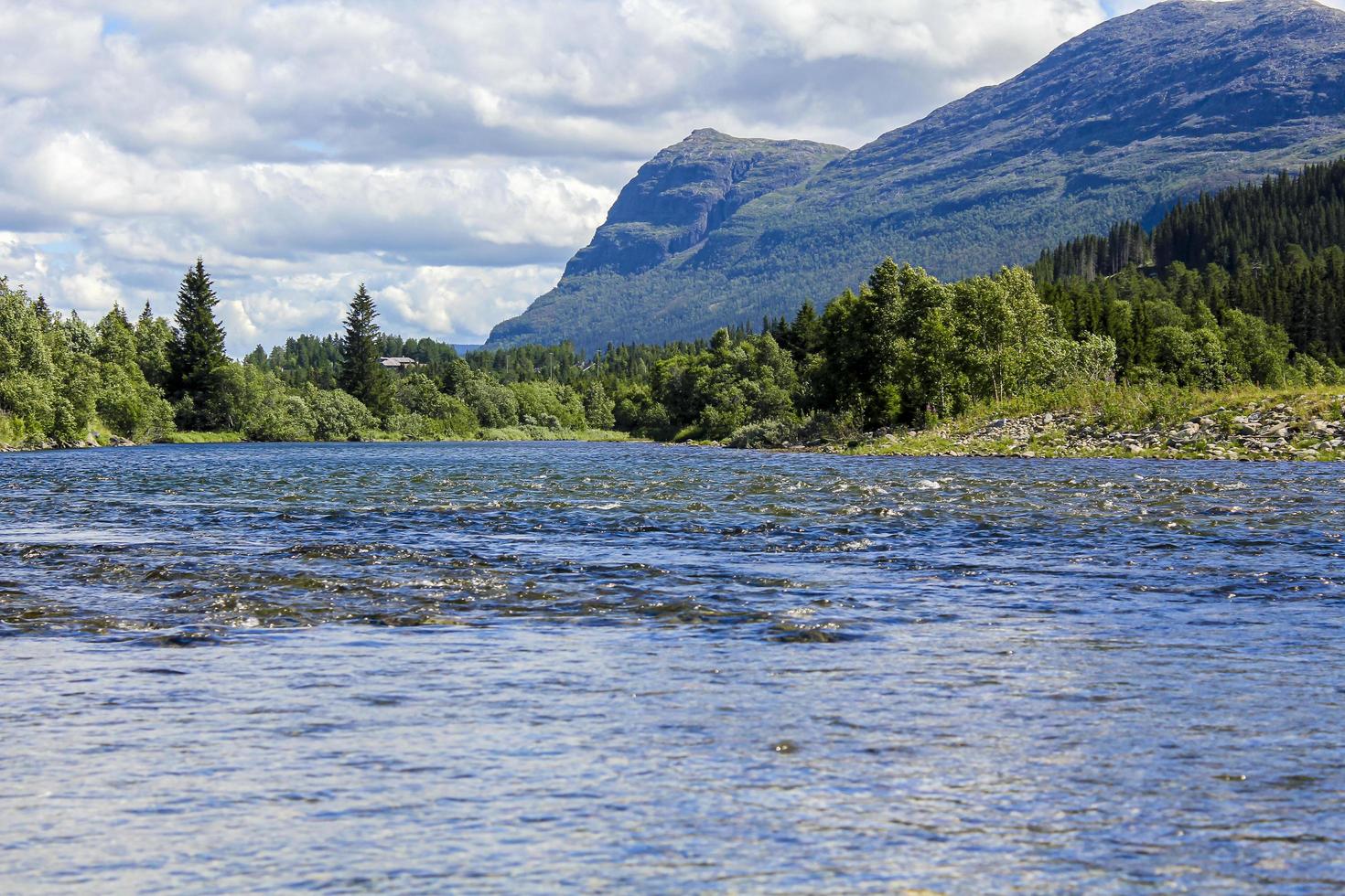 fluindo lindo rio Lago hemsila com panorama montanhoso, hemsedal, Noruega. foto