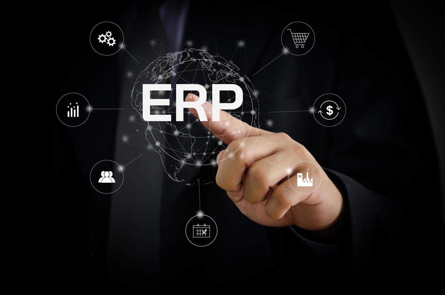 ERP gestão interna de planejamento de recursos empresariais, processo de desenvolvimento organizacional e informações para melhorar a competitividade. foto