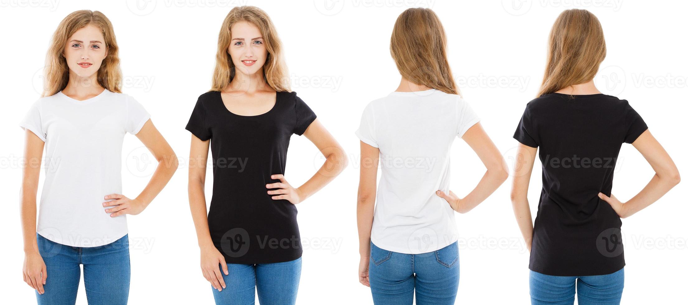 vista frontal e traseira mulher adolescente em camiseta branca e preta isolada, conjunto garota em camiseta, duas mulheres foto