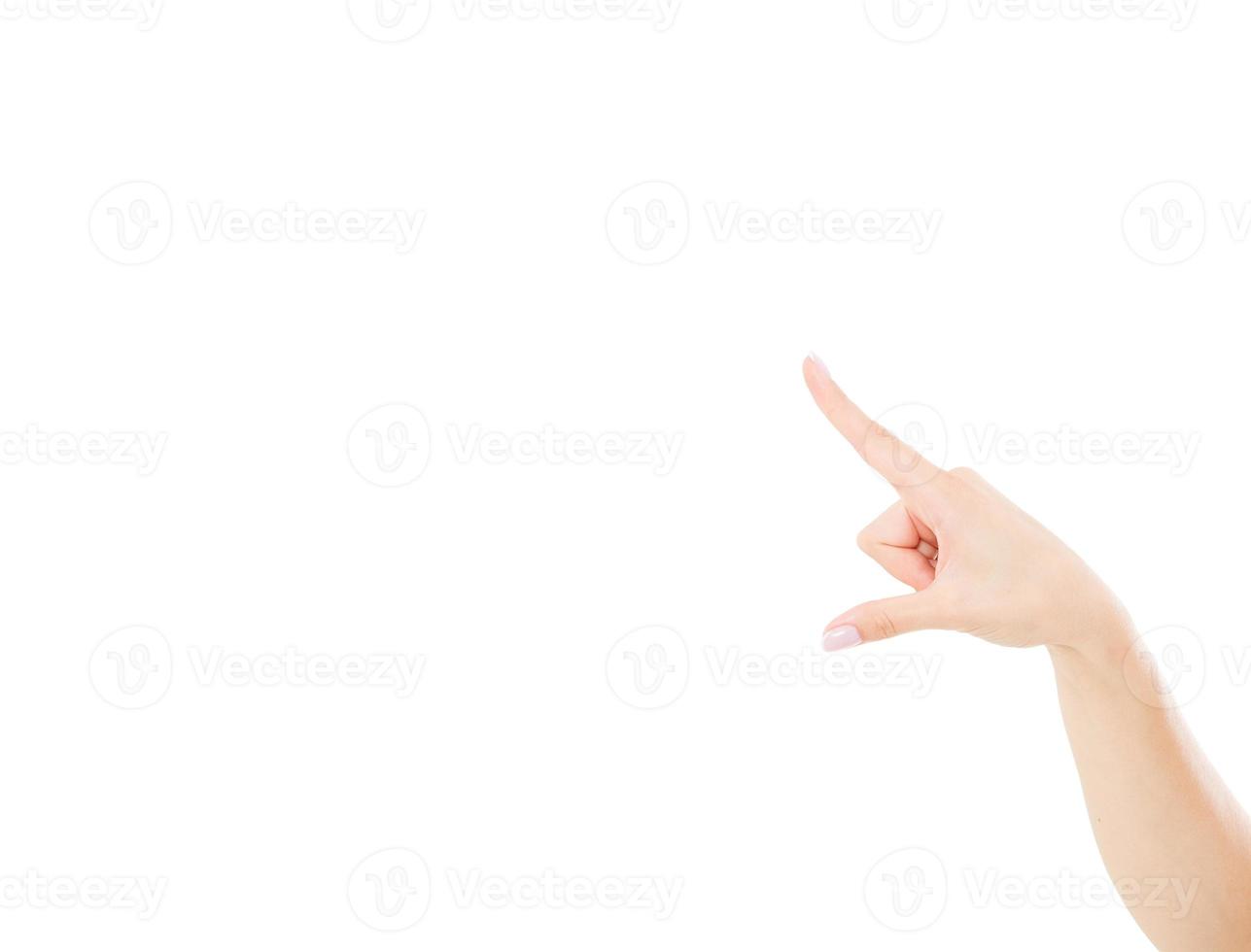 coreano, mão asiática apontada isolada no fundo branco, cópia espaço, mock up foto
