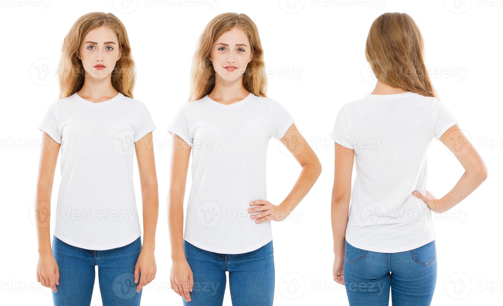 três variantes mulher em camiseta isolada no branco, camiseta feminina, camiseta feminina branca, espaço de cópia, em branco, vistas frontais traseiras foto