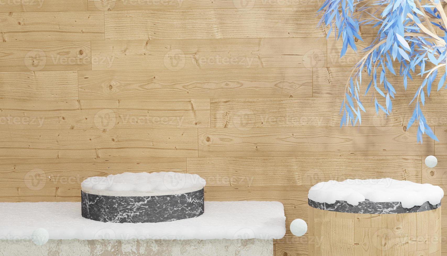 pódio de mármore vazio com folhas e coberto por renderização 3d de neve pesada, tema de inverno foto