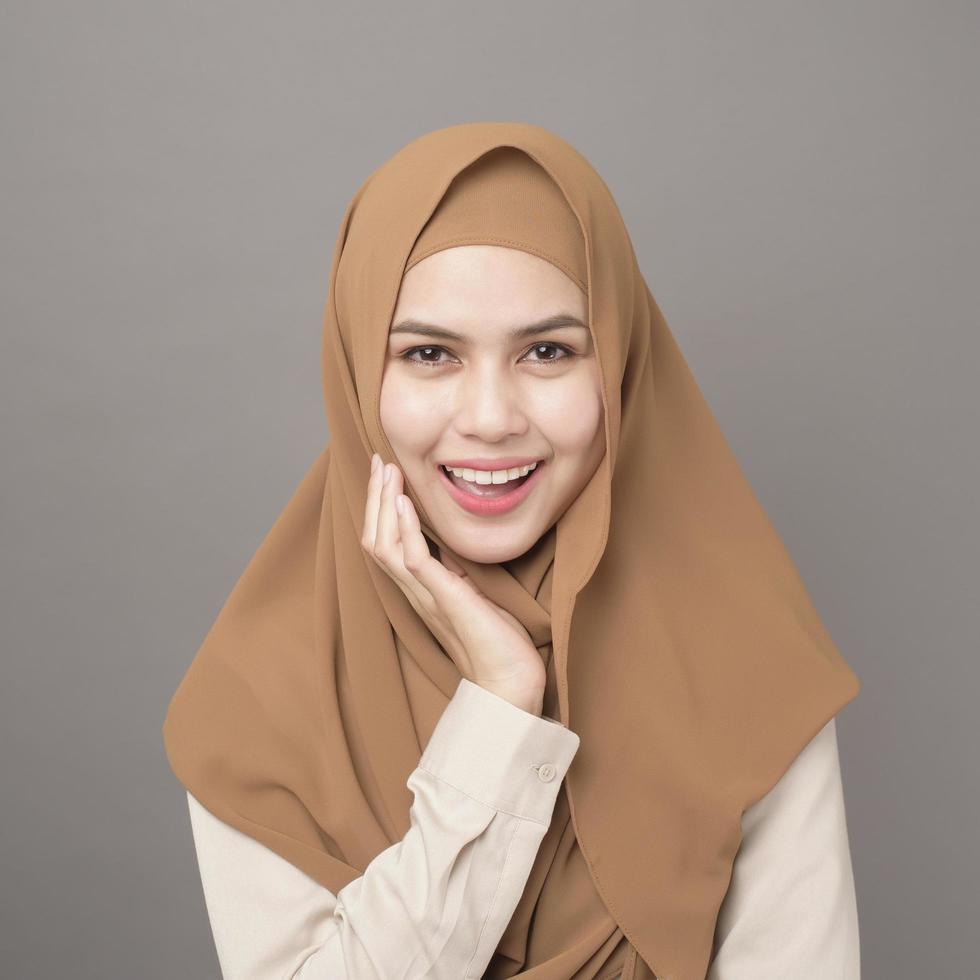 retrato de mulher bonita com hijab está sorrindo em fundo cinza foto