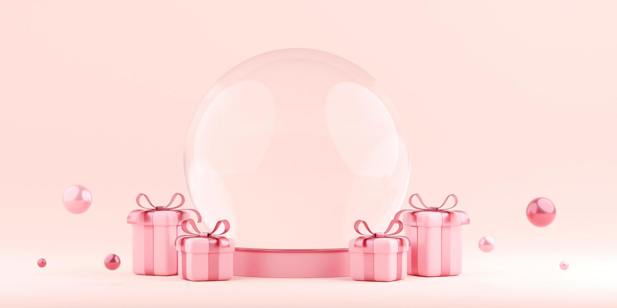Banner de ilustração 3D do globo de cristal com caixa de presente, feliz dia dos namorados foto