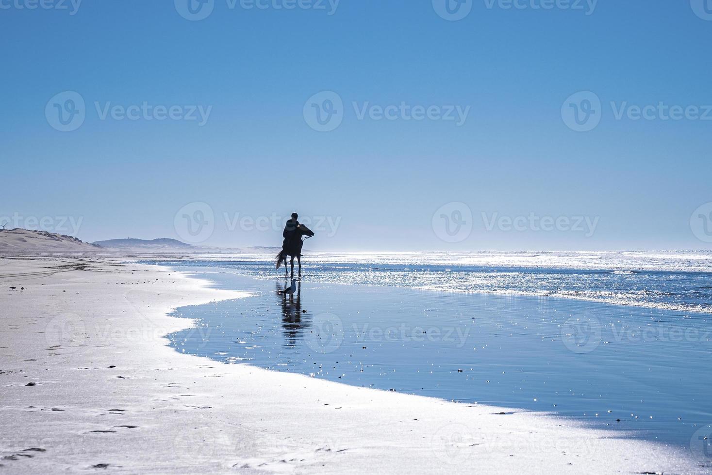 mulher andando a cavalo ao longo da costa na praia contra o céu claro foto