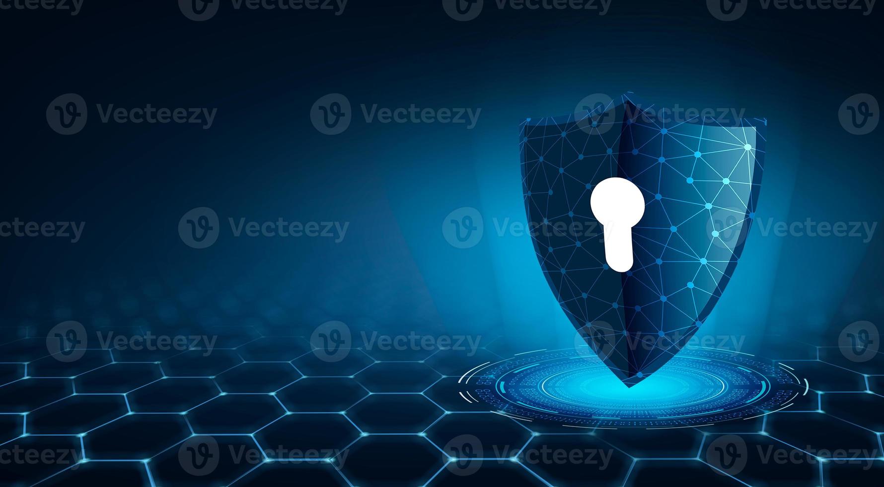 escudo com chave dentro de fundo azul o conceito de cibersegurança na internet foto