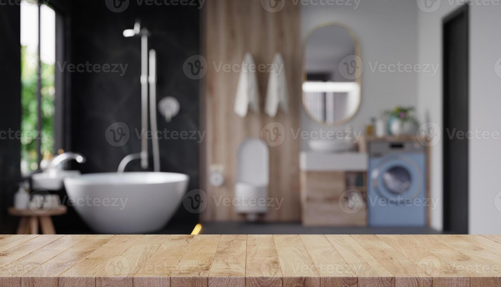 tampo da mesa de madeira no banheiro borrado, mesa vazia para exibição do produto com banheiro borrado. foto