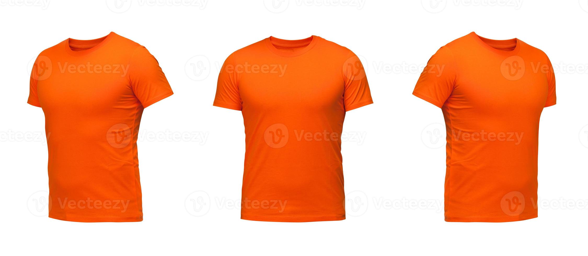 camiseta laranja sem mangas. camisa vista frontal três posições em um fundo branco foto