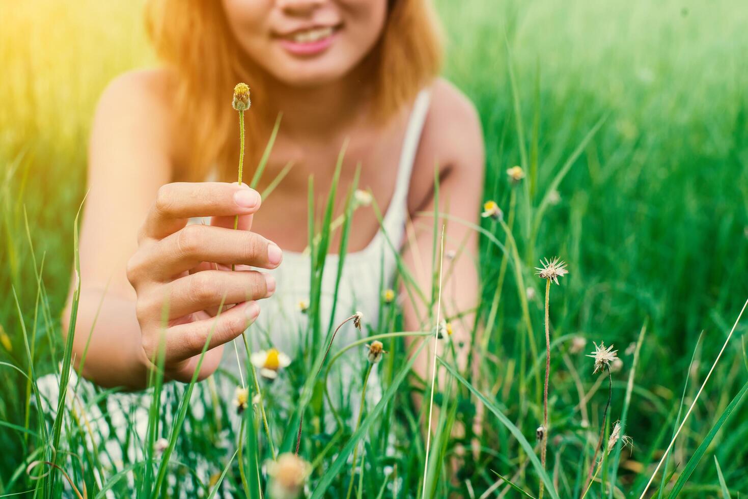 jovem mulher bonita sentada na pastagem desfrutar da natureza e ar fresco feliz. foto