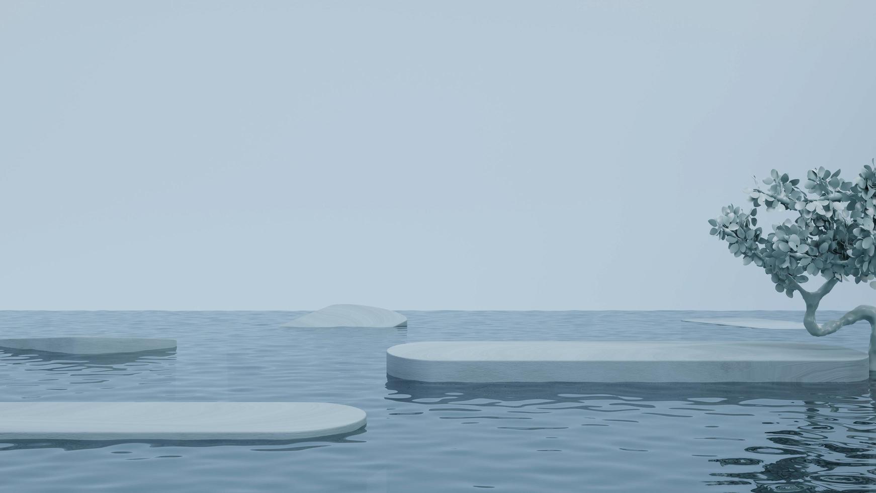 plataforma de exibição do produto flutuando na ilustração de renderização 3d da superfície da água foto