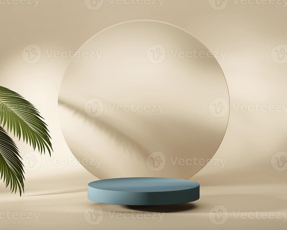 vitrine de pódio de plataforma de pedra abstrata para exibição de produtos com renderização 3d de folhas de palmeira foto