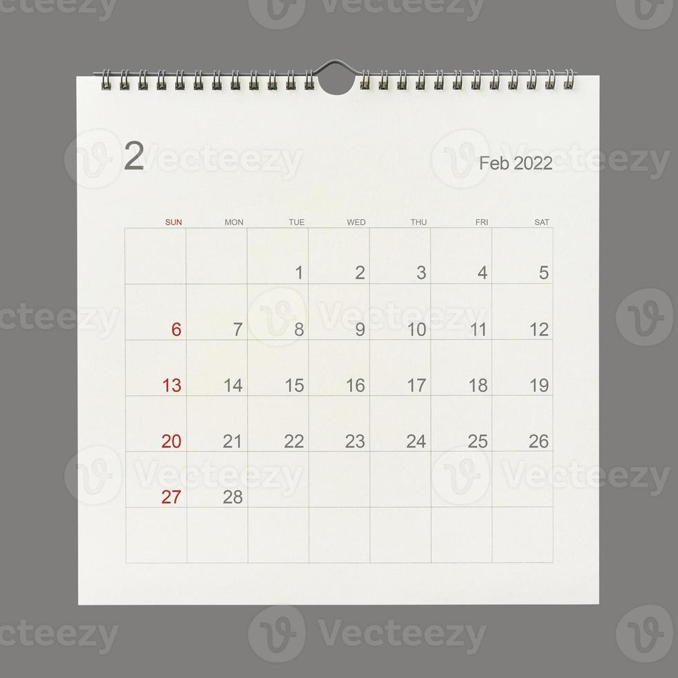 página do calendário de fevereiro de 2022 em fundo branco. fundo de calendário para lembrete, planejamento de negócios, reunião de compromisso e evento. foto