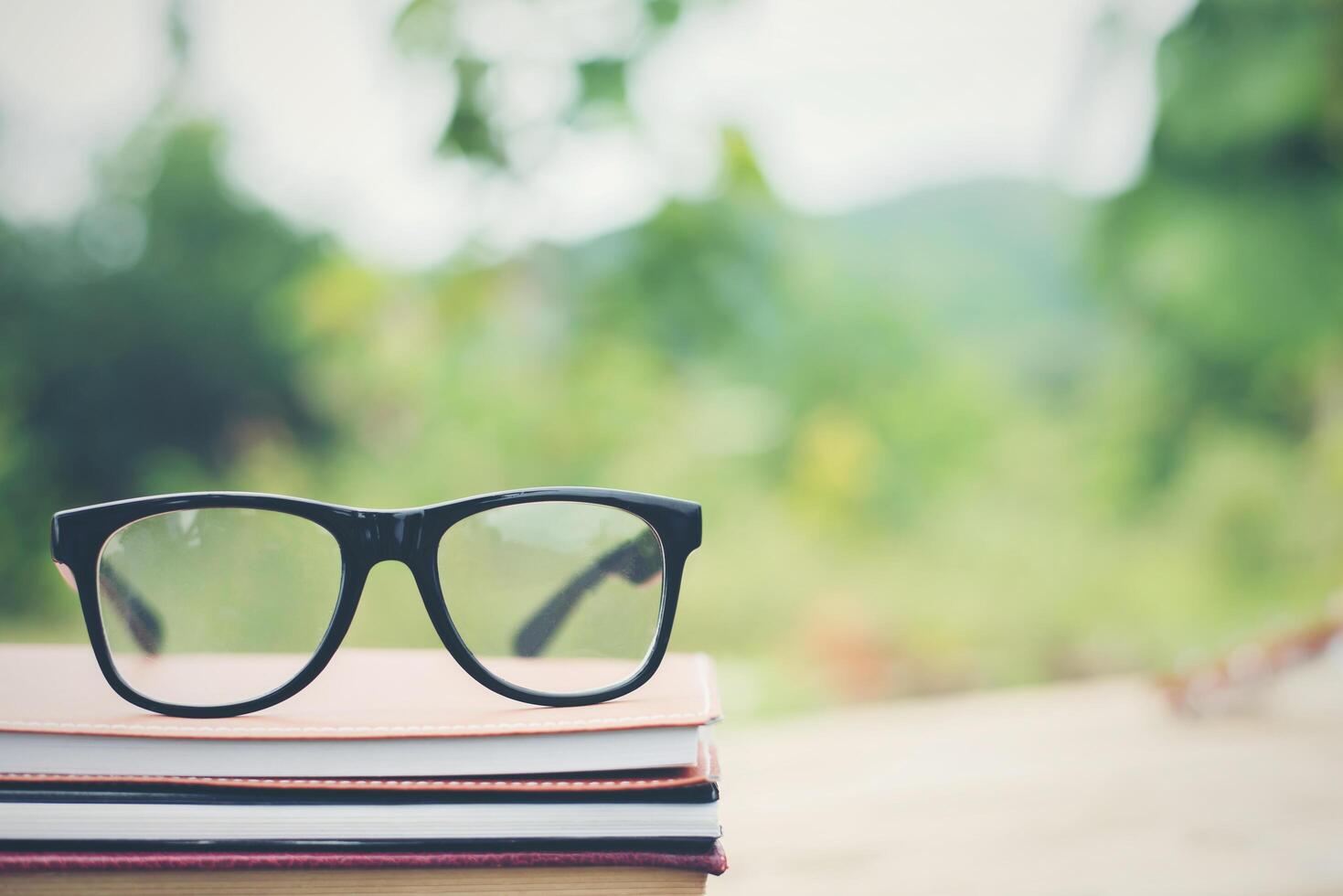 livro e óculos para ler e escrever sobre fundo ao ar livre de natureza turva. foto