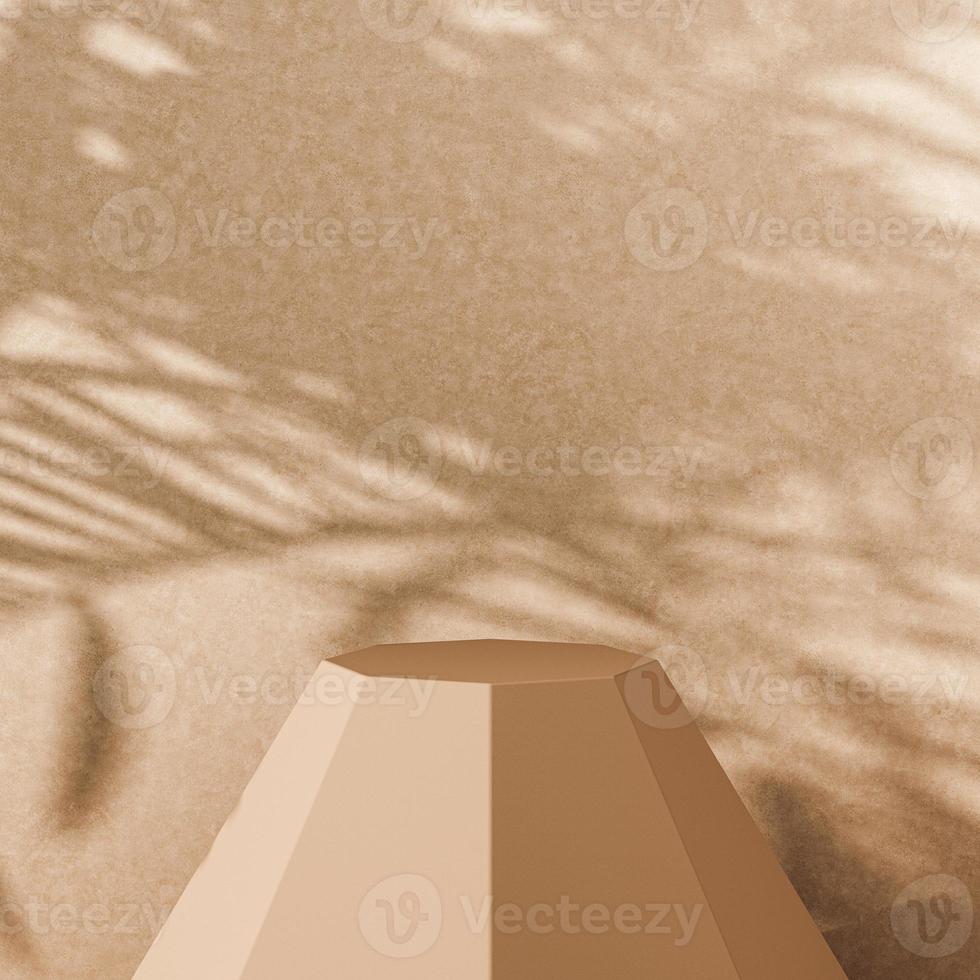 abstrato para apresentação do produto, base de octógono bege na frente do fundo de papel de amora bege, sombra de plantas tropicais no fundo. renderização em 3D foto