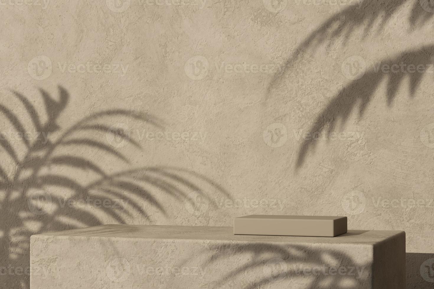 o pódio de caixa de gesso e sombra de palmeira tropical, fundo de maquete mínimo abstrato para apresentação do produto. foto