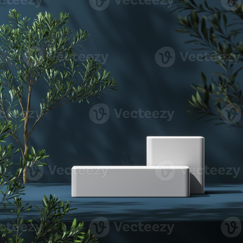 plataforma branca na cena de maquete azul, desfoque o primeiro plano das plantas e o fundo da sombra das plantas, fundo abstrato para apresentação de produtos ou anúncios. renderização em 3D foto