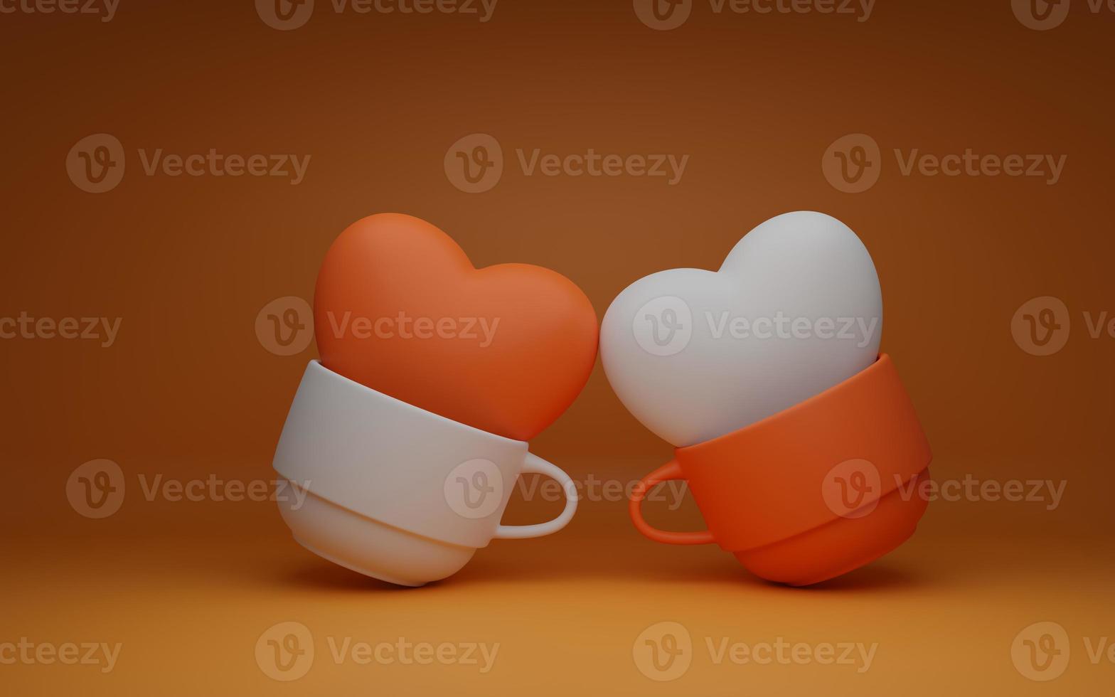 feliz dia dos namorados fundo, duas xícaras de café com corações, fundo para os amantes, trabalho 3d e ilustração 3d. foto
