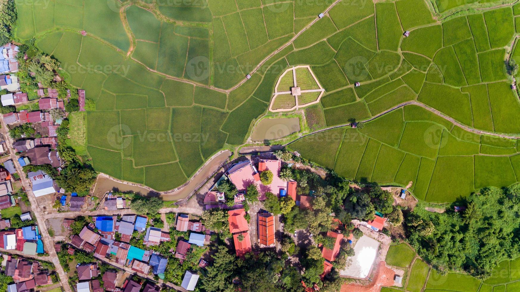 fazenda de arroz e vila, vista aérea foto