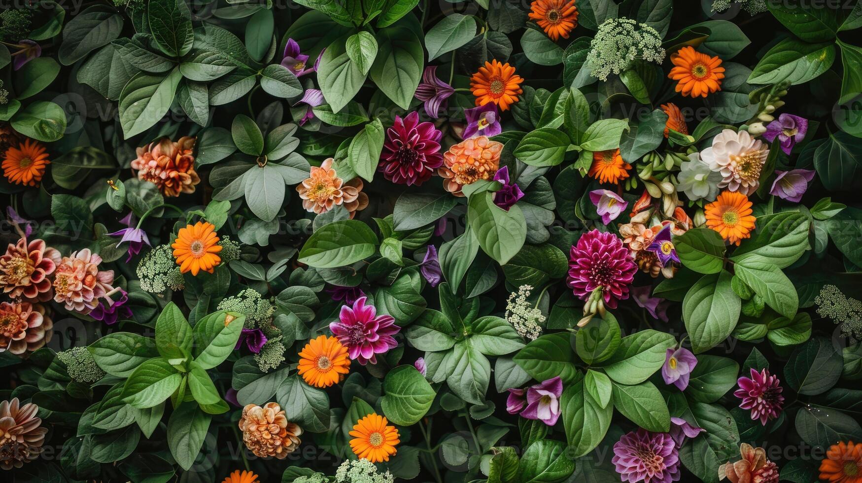 uma parede coberto dentro flores e folhas foto