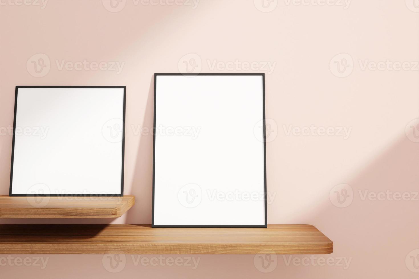 conjunto de cartaz preto minimalista e limpo ou maquete de moldura na mesa de madeira encostada na parede da sala foto