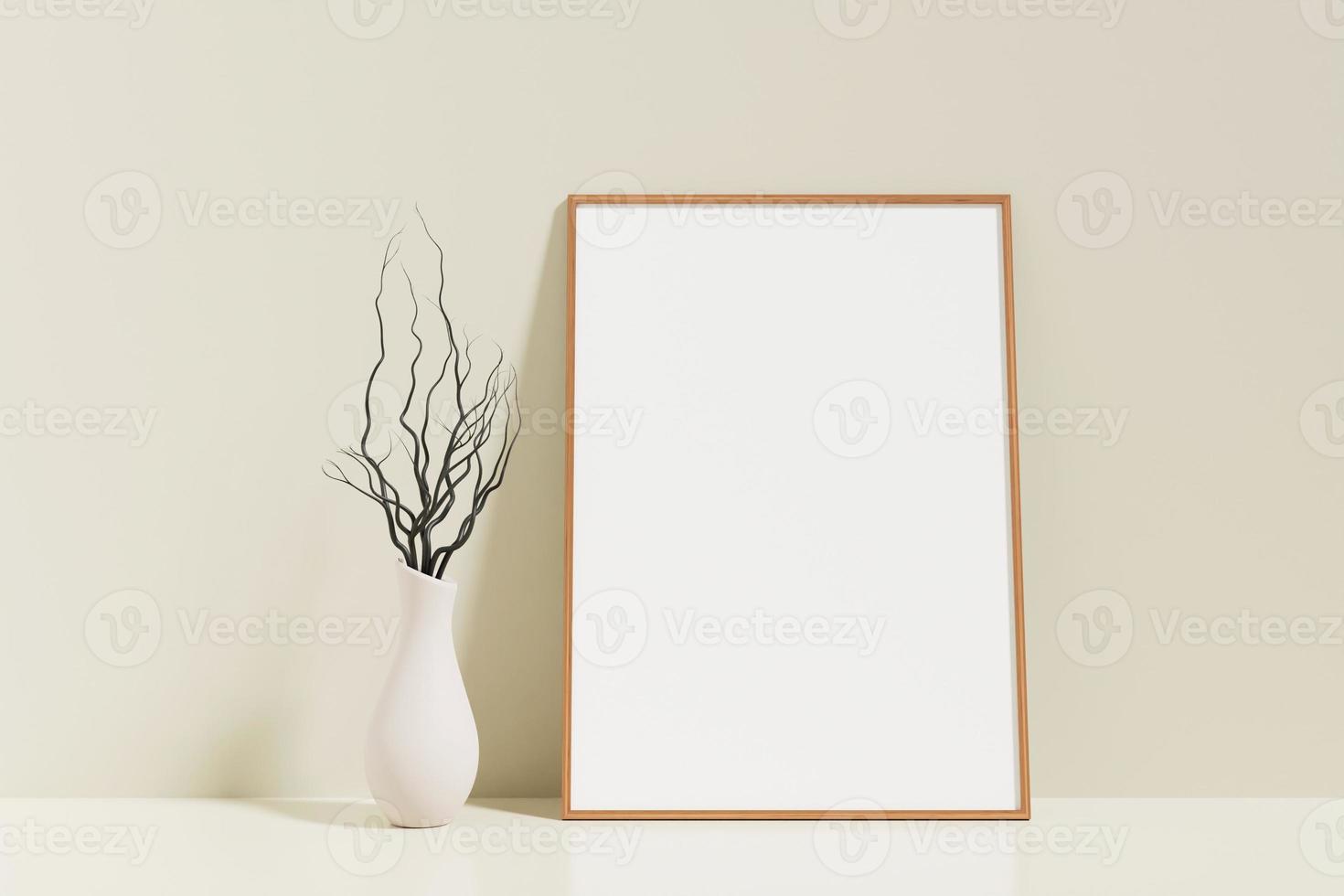 cartaz de madeira vertical minimalista e limpo ou maquete de moldura no chão encostado na parede da sala com vaso foto