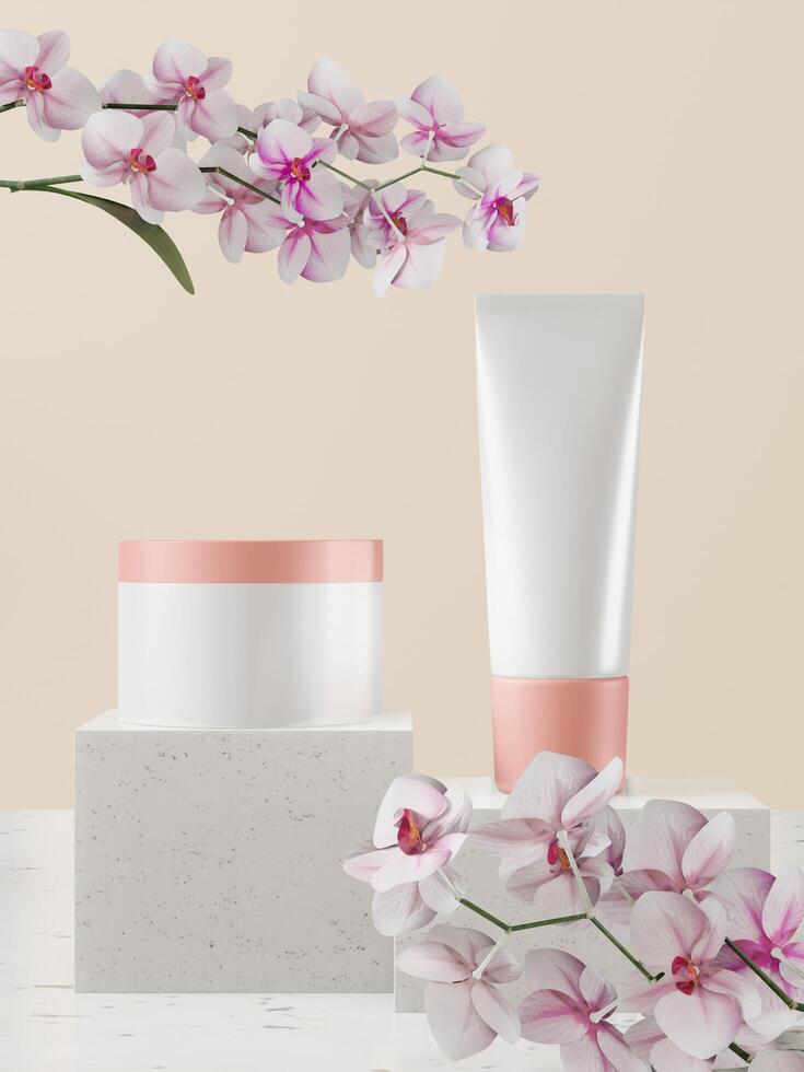 uma maquete de tubo cosmético em branco branco realista de casal e frasco isolado em fundo floral, renderização em 3d, ilustração 3d foto