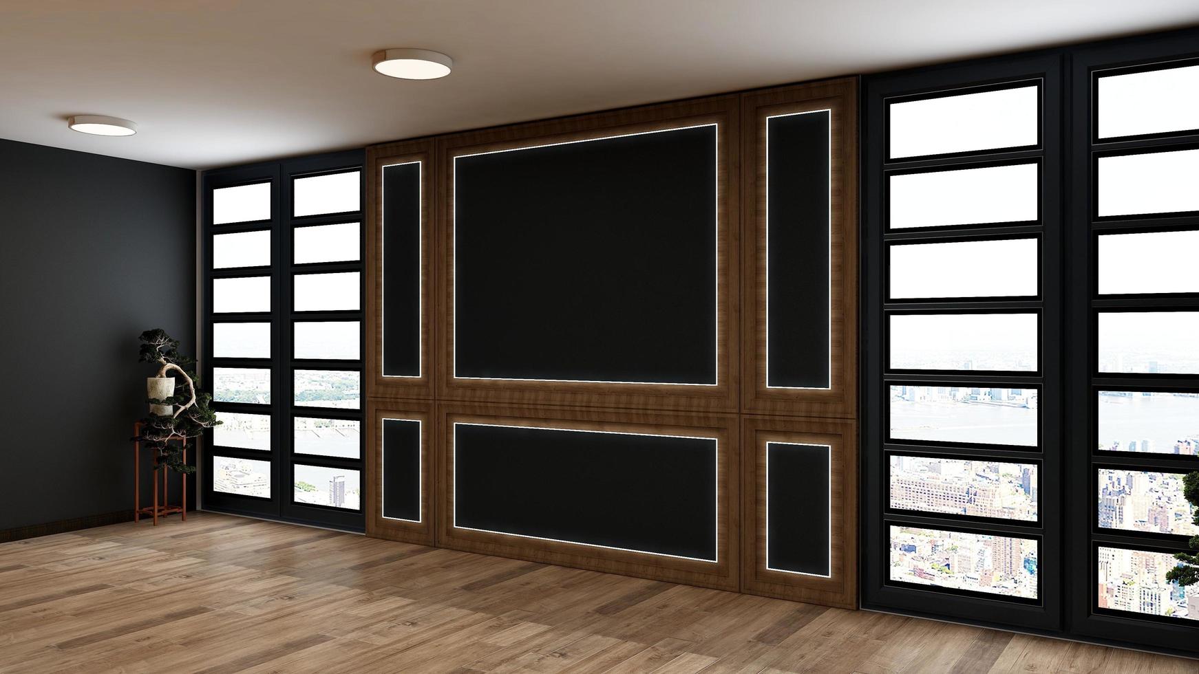 3d renderização sala de espera do lobby de madeira do escritório para a maquete do logotipo da parede da empresa foto