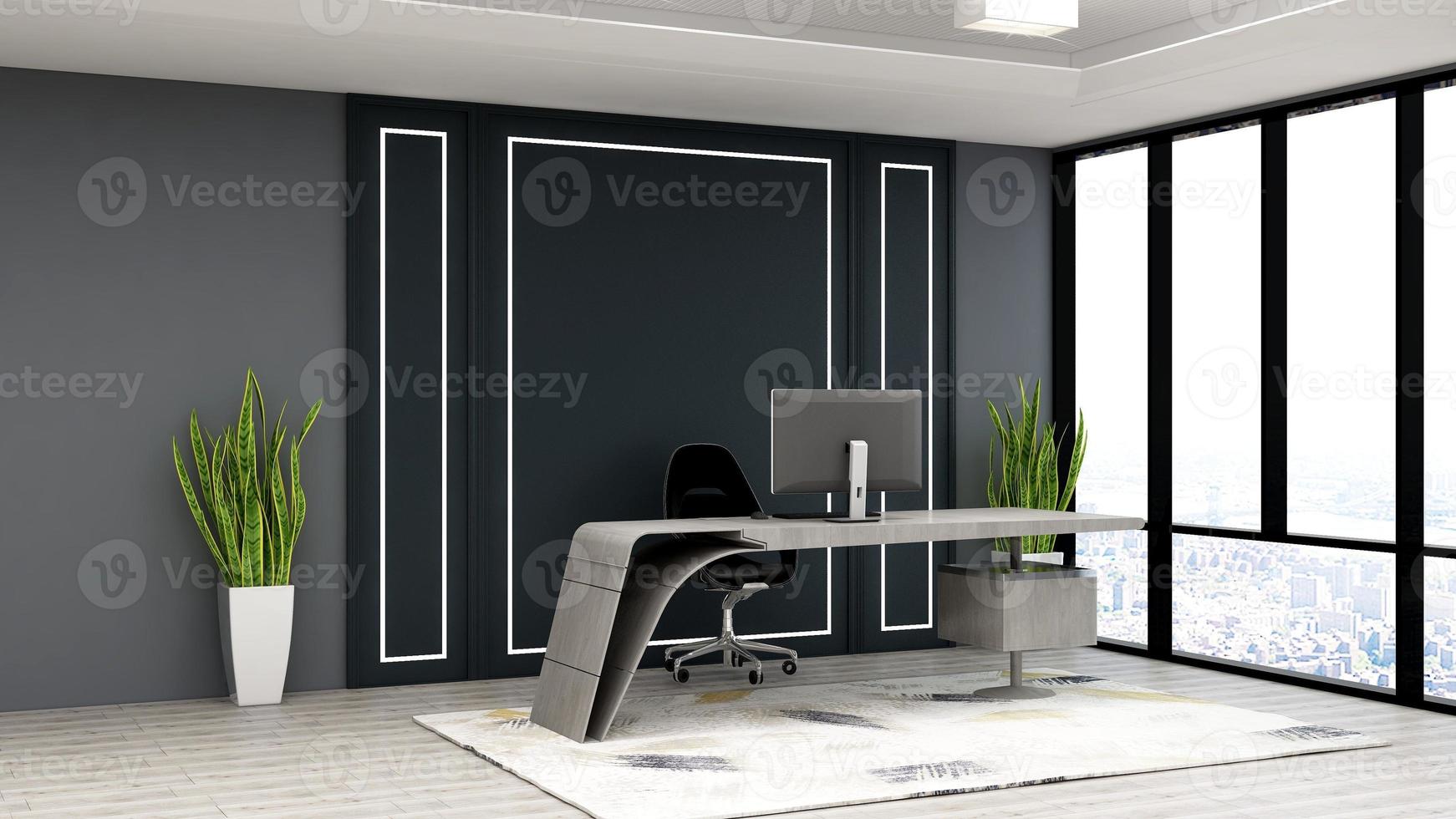 3d renderização sala de gerente de escritório de negócios moderno com interior de design 3d para maquete de logotipo de parede da empresa foto