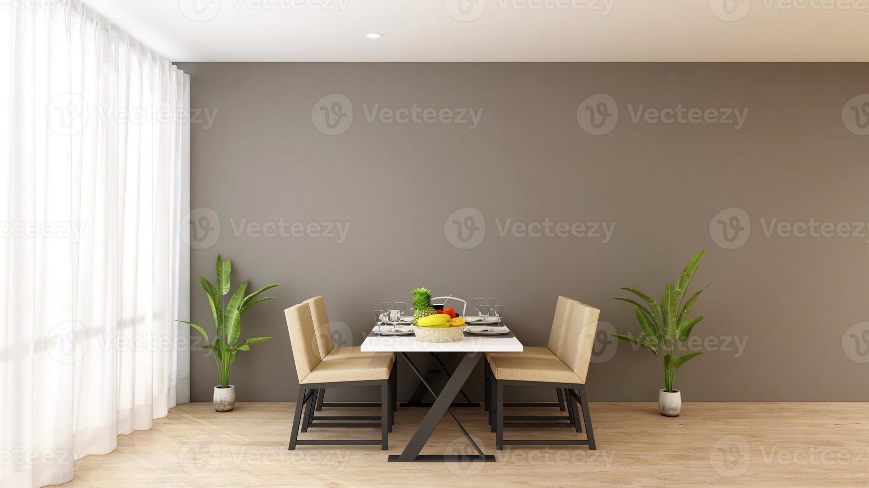 design de interiores moderno da sala de jantar minimalista em maquete de renderização 3d foto