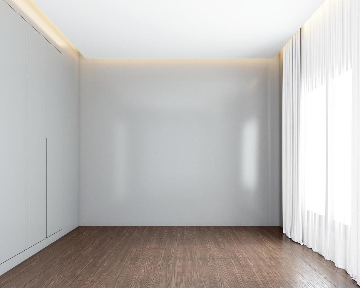 quarto vazio com parede cinza e guarda-roupa cinza, cortina branca e piso de madeira marrom. renderização em 3D foto