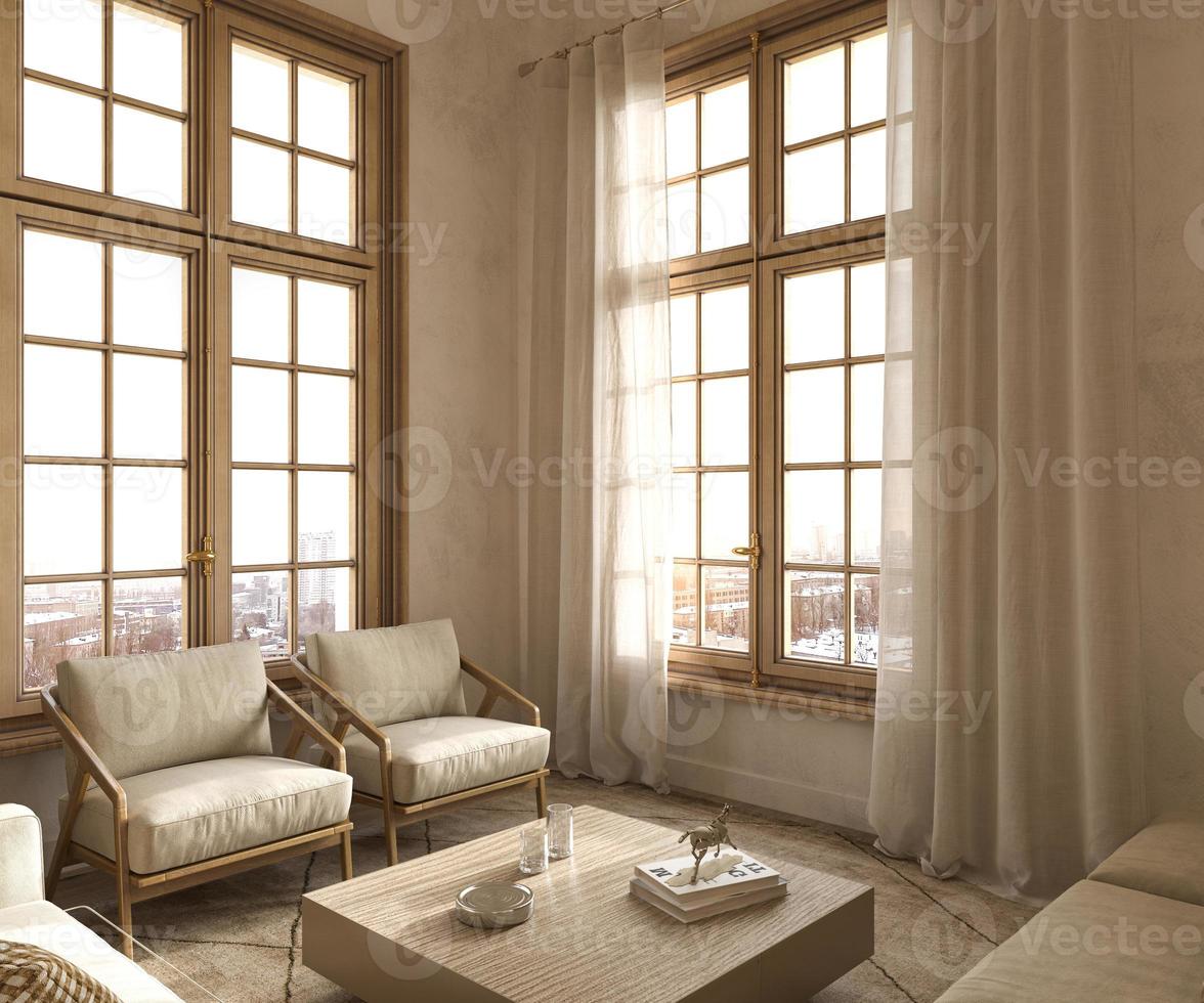 sala de estar de design de estilo japonês interior moderno. iluminação e apartamento ensolarado com grandes janelas e vista da paisagem urbana. ilustração de renderização 3D. foto