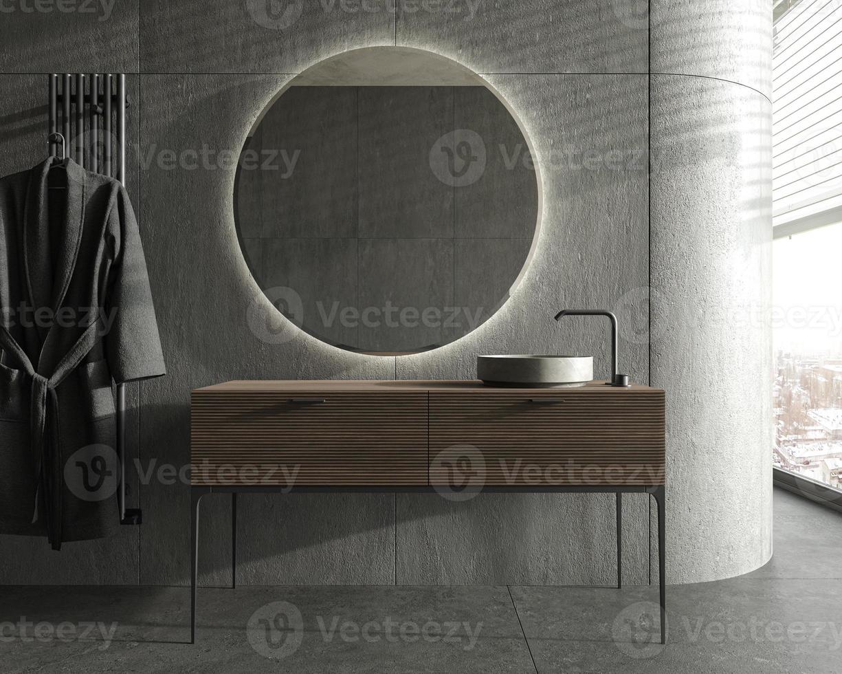minimalismo moderno banheiro escuro design de interiores com espelho redondo e banheira de madeira. vista frontal. parede de pedra e piso. ilustração de renderização 3D. foto